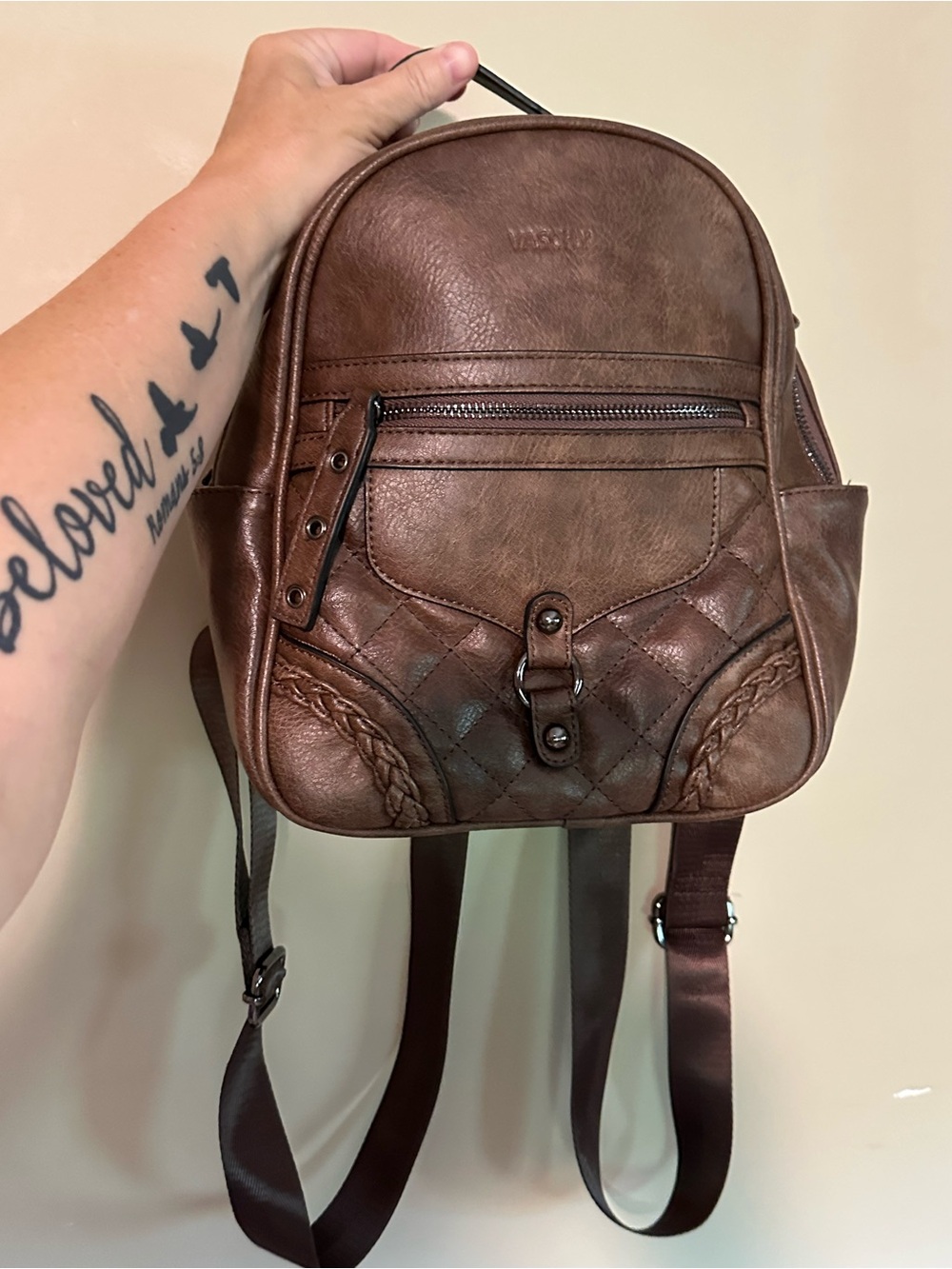 Brown Quilted Faux Leather Mini Backpack